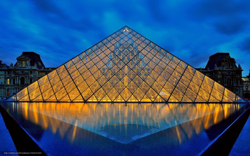 Louvre Pyramid at Night — Blue, Dramatic, Photograph