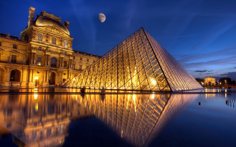 Louvre Pyramid at Night — Blue, Serene, Photograph, Moon, Building, Reflection, Gold, Black