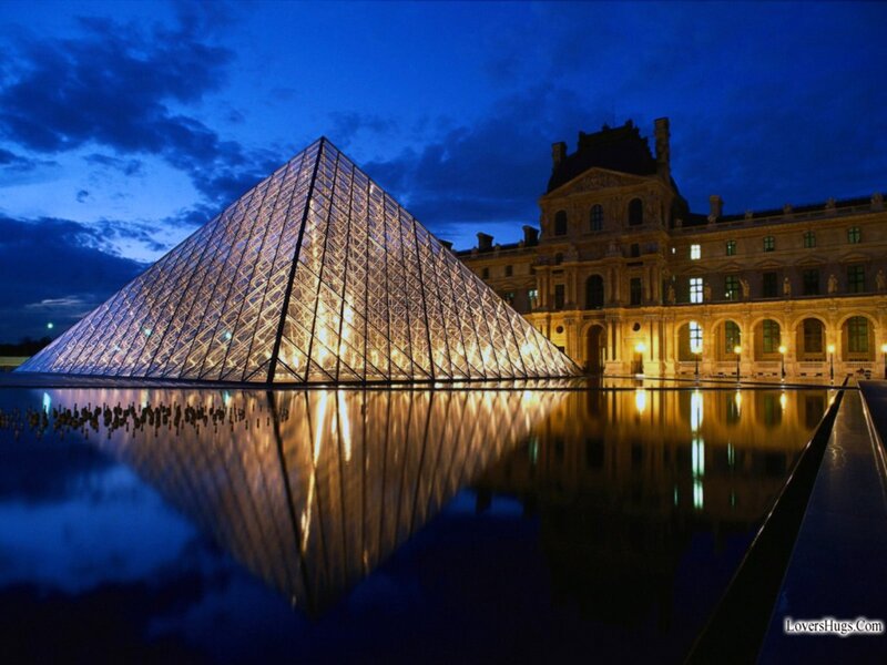 Louvre Pyramid at Night — Blue, Serene, Photograph