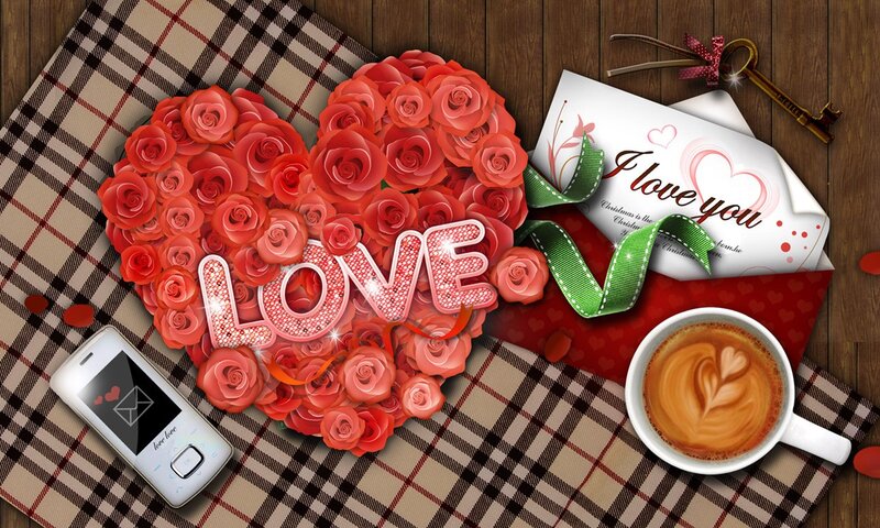 Love heart with roses and coffee