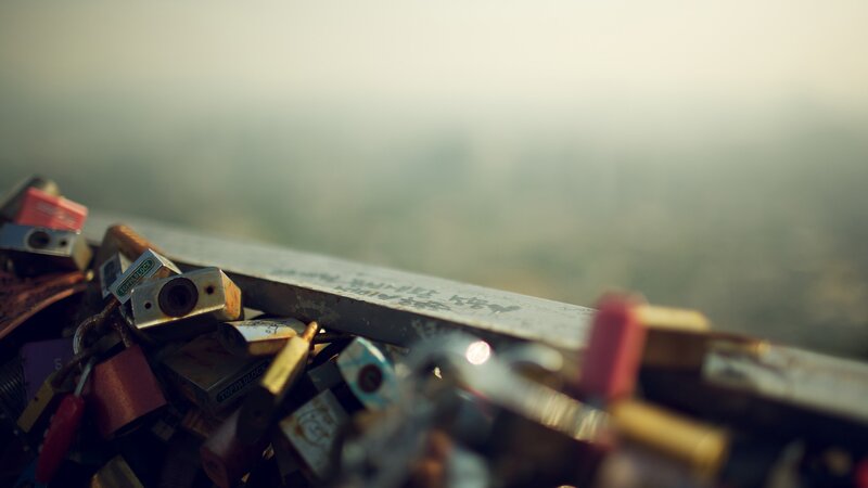 Love Locks on Railing — Gray, Hazy