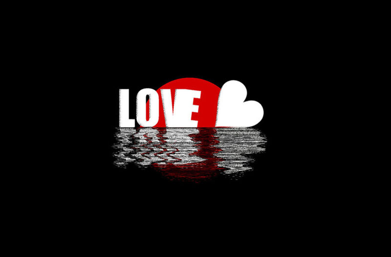love word with heart reflection