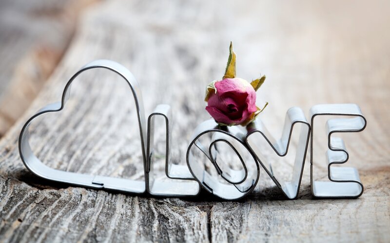 Love word with rose on wood