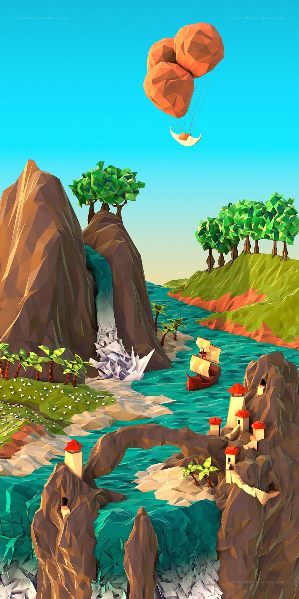 Low-poly landscape with hot air balloon