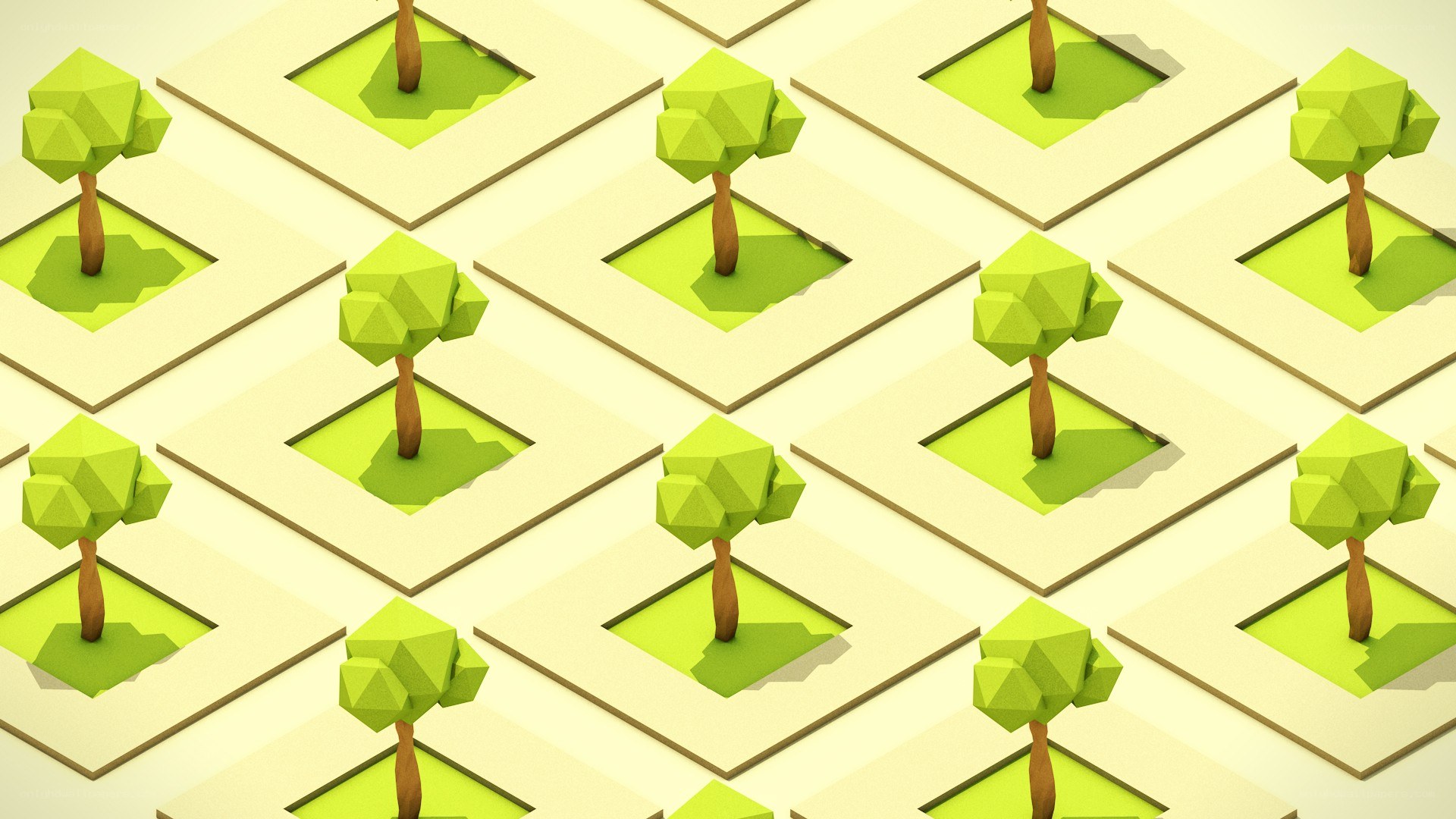 Low-poly trees in grid pattern