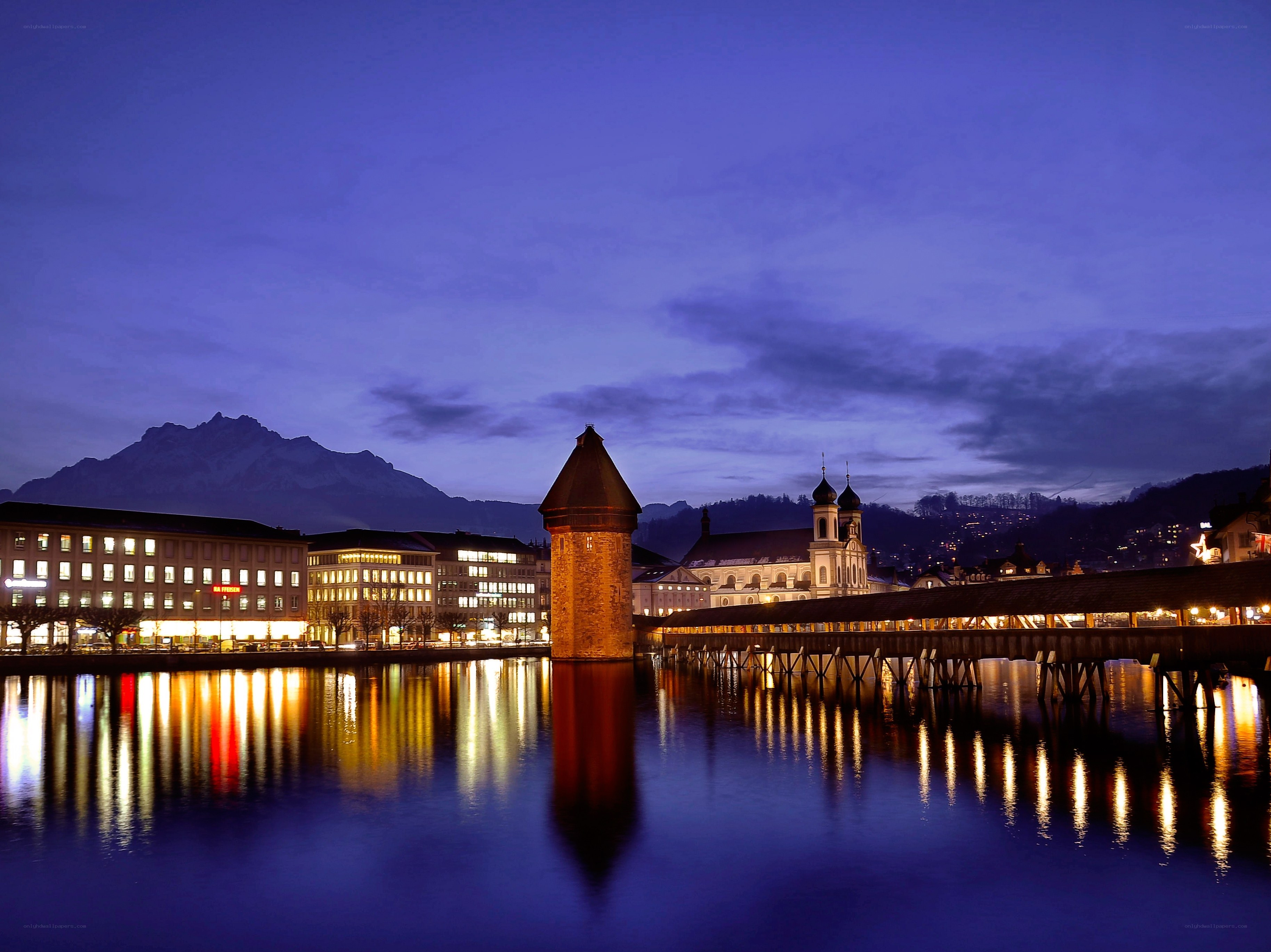 Lucerne at dusk with Chapel Bridge