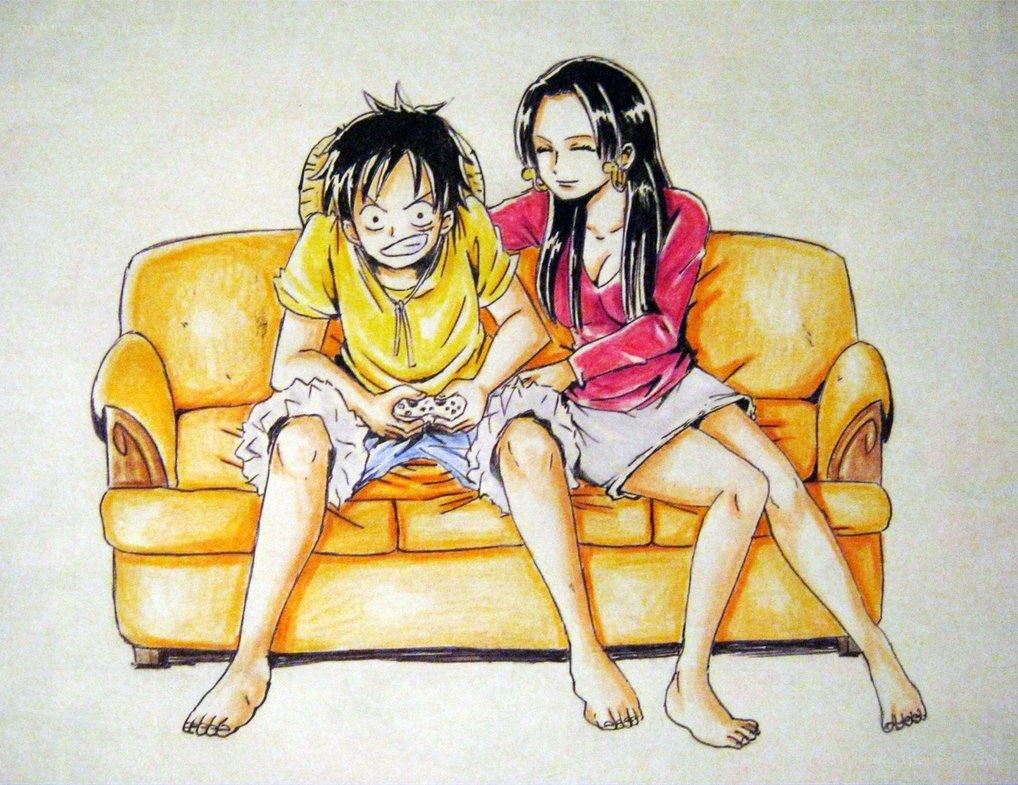 Luffy and Nami on a couch
