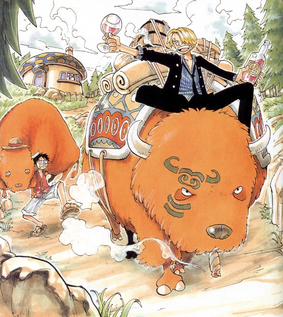 Luffy and Sanji on a bison