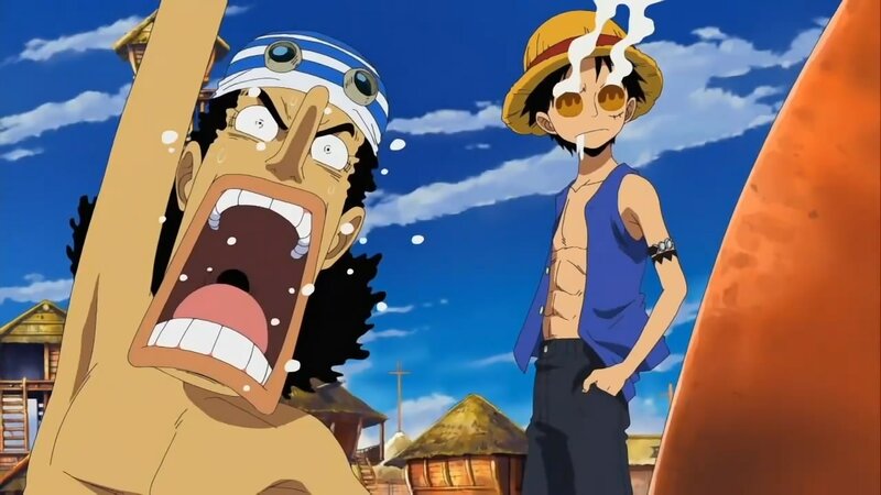 Luffy and Usopp in a village