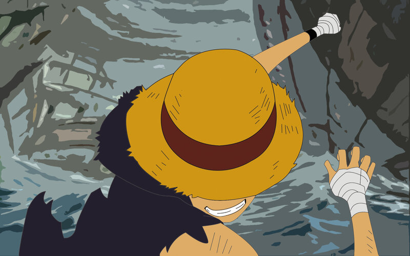 Luffy climbing a cliff