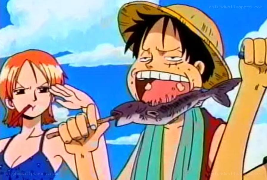Luffy eating fish on beach