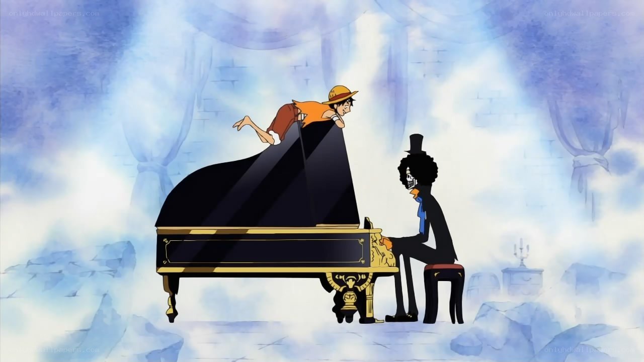 Luffy on a piano with Brook