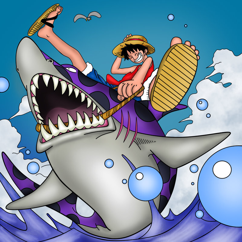 Luffy riding a shark