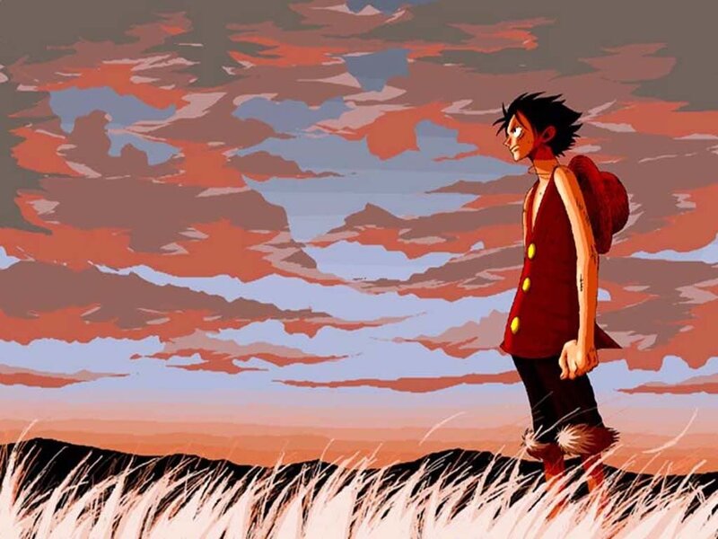 Luffy stands in a field