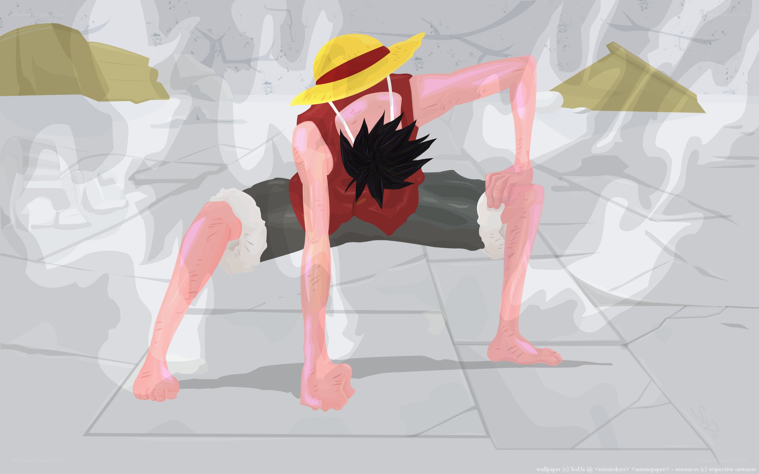 Luffy stretching on a stone path