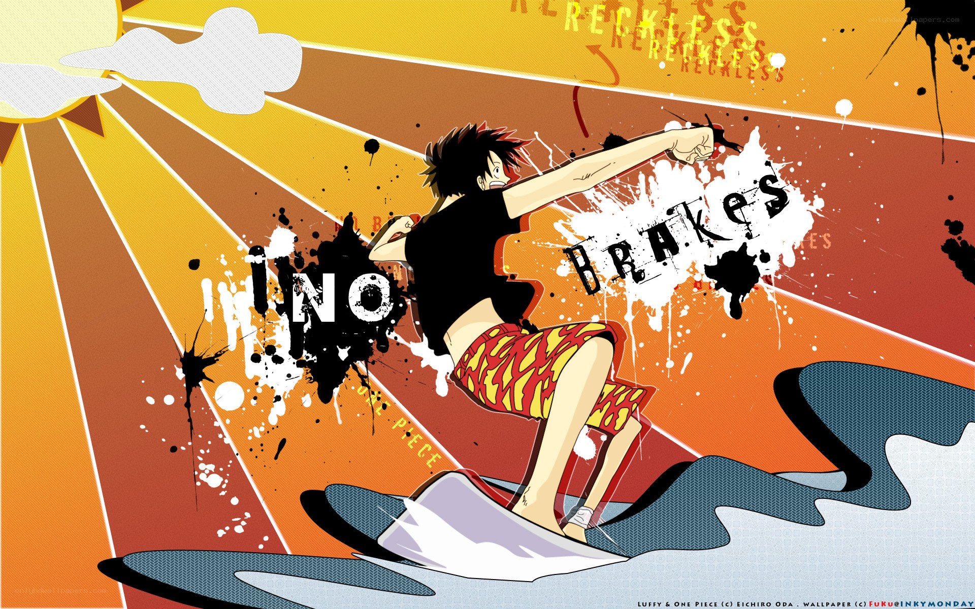 Luffy surfing on a wave
