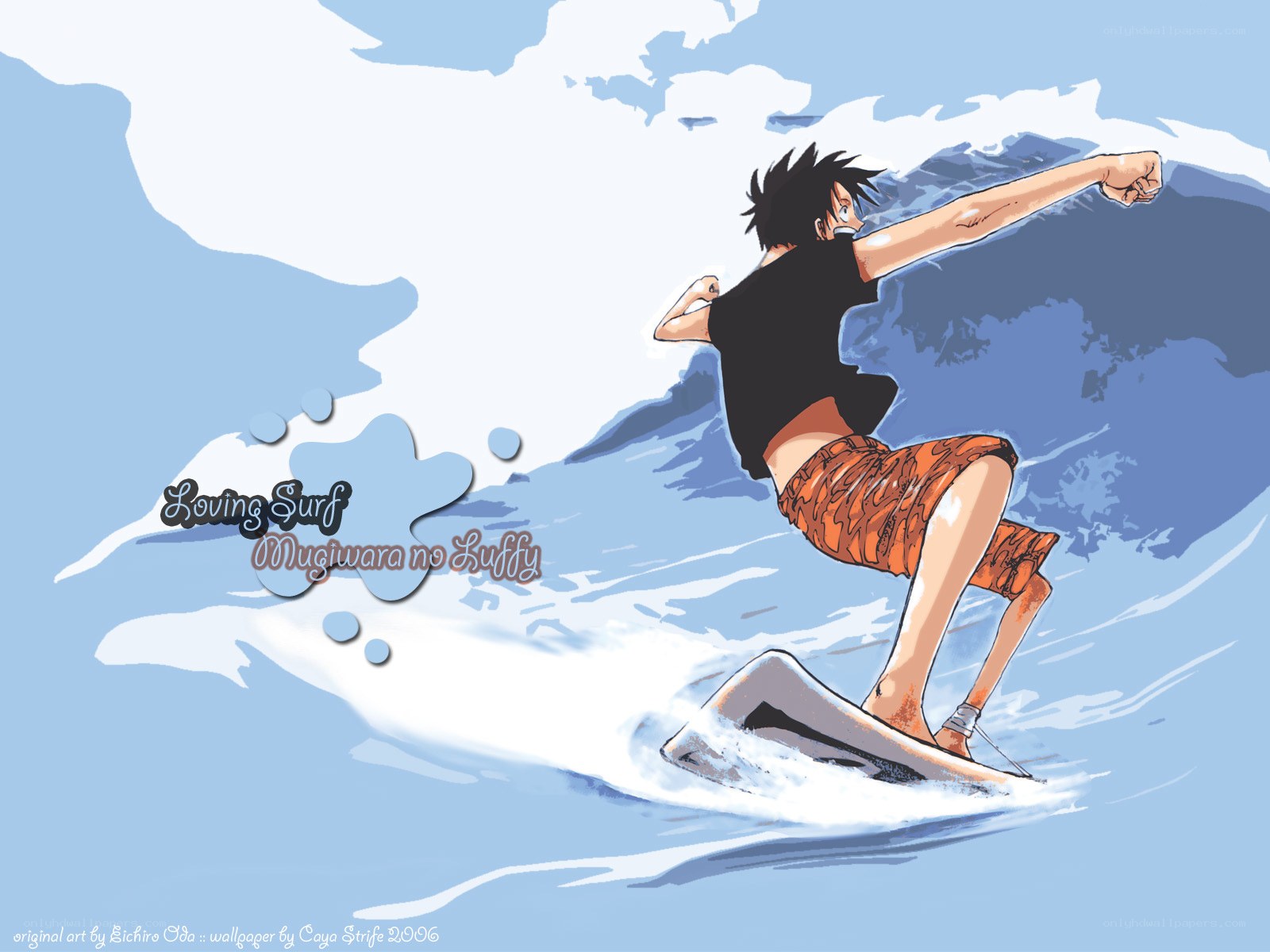 Luffy surfing on a wave