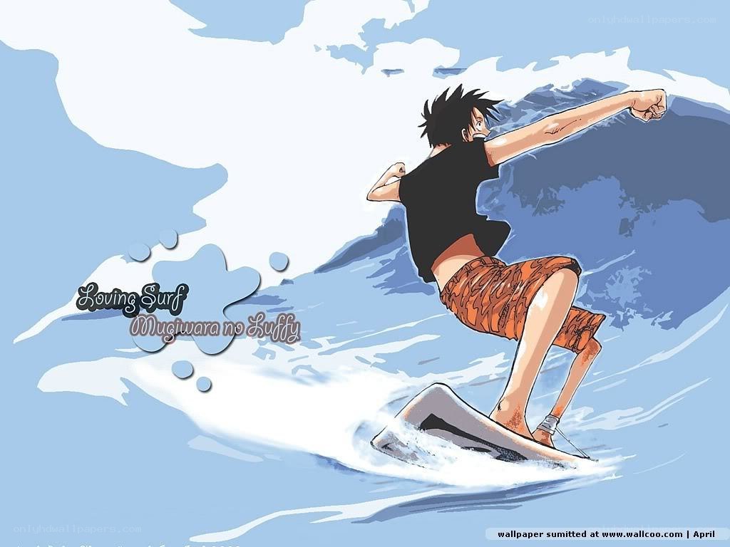 Luffy surfing on a wave