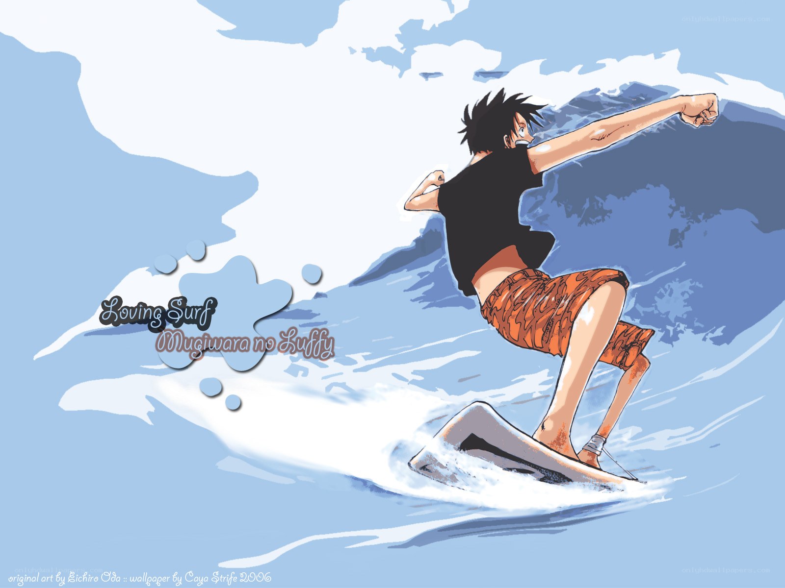 Luffy surfing on a wave
