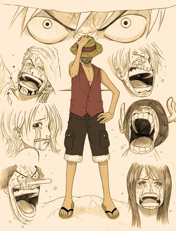 Luffy surrounded by screaming faces