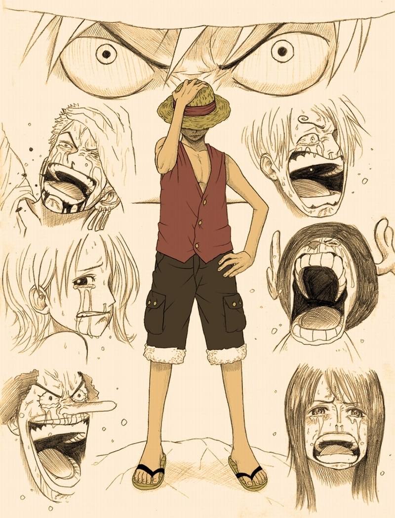 Luffy surrounded by screaming faces