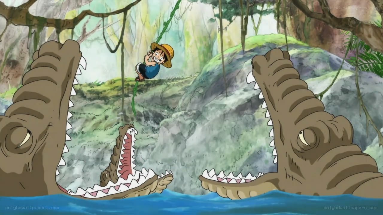 Luffy swings over crocodiles