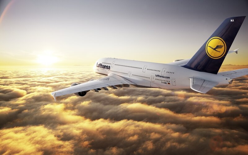 Lufthansa A380 Airplane — White, Serene, Sunrise
