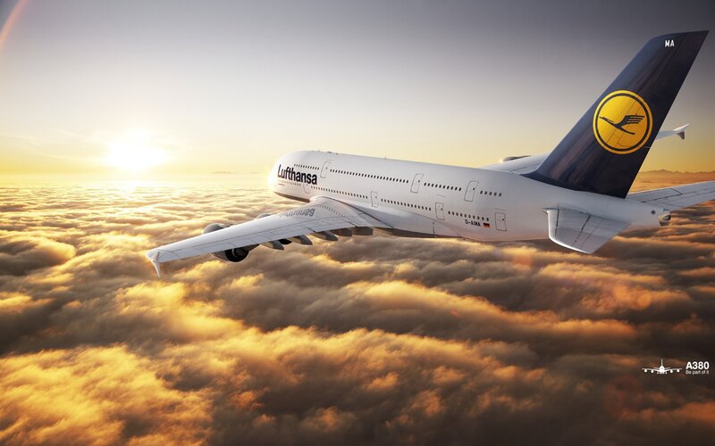 Lufthansa A380 Airplane — White, Serene, Sunset, Photograph, Clouds