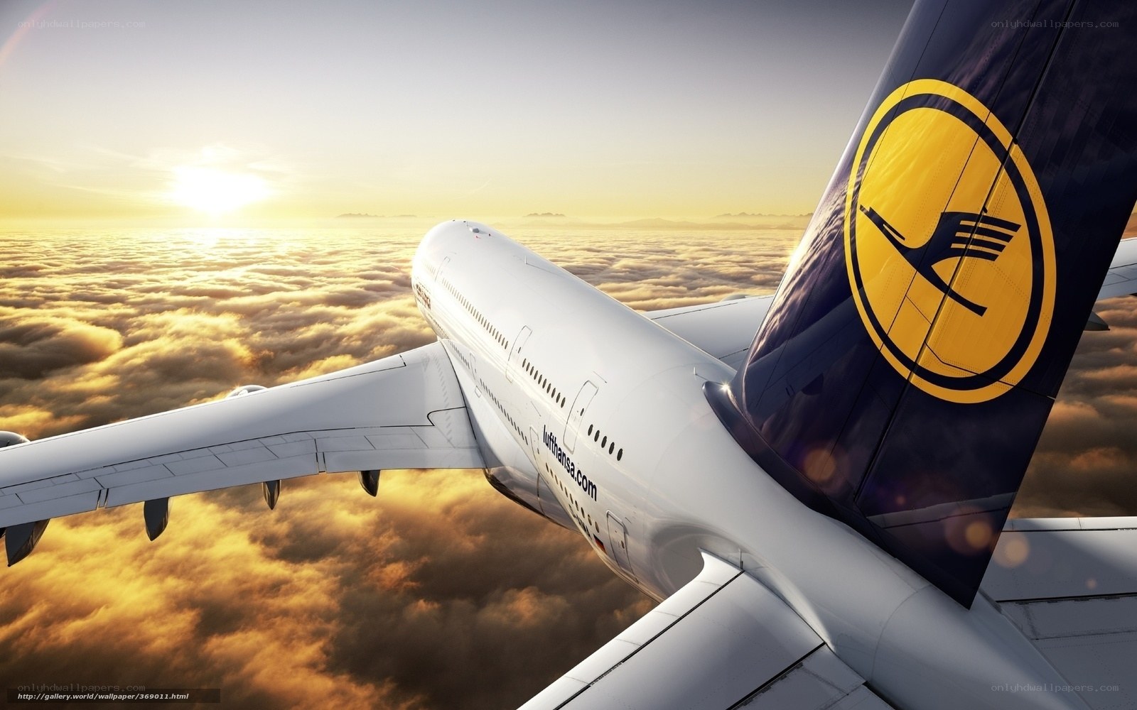 Lufthansa aircraft above clouds
