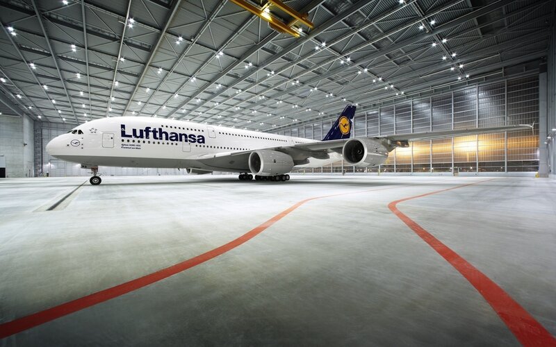 Lufthansa Airplane — White, Calm, Photograph, Hangar, Runway, Gray