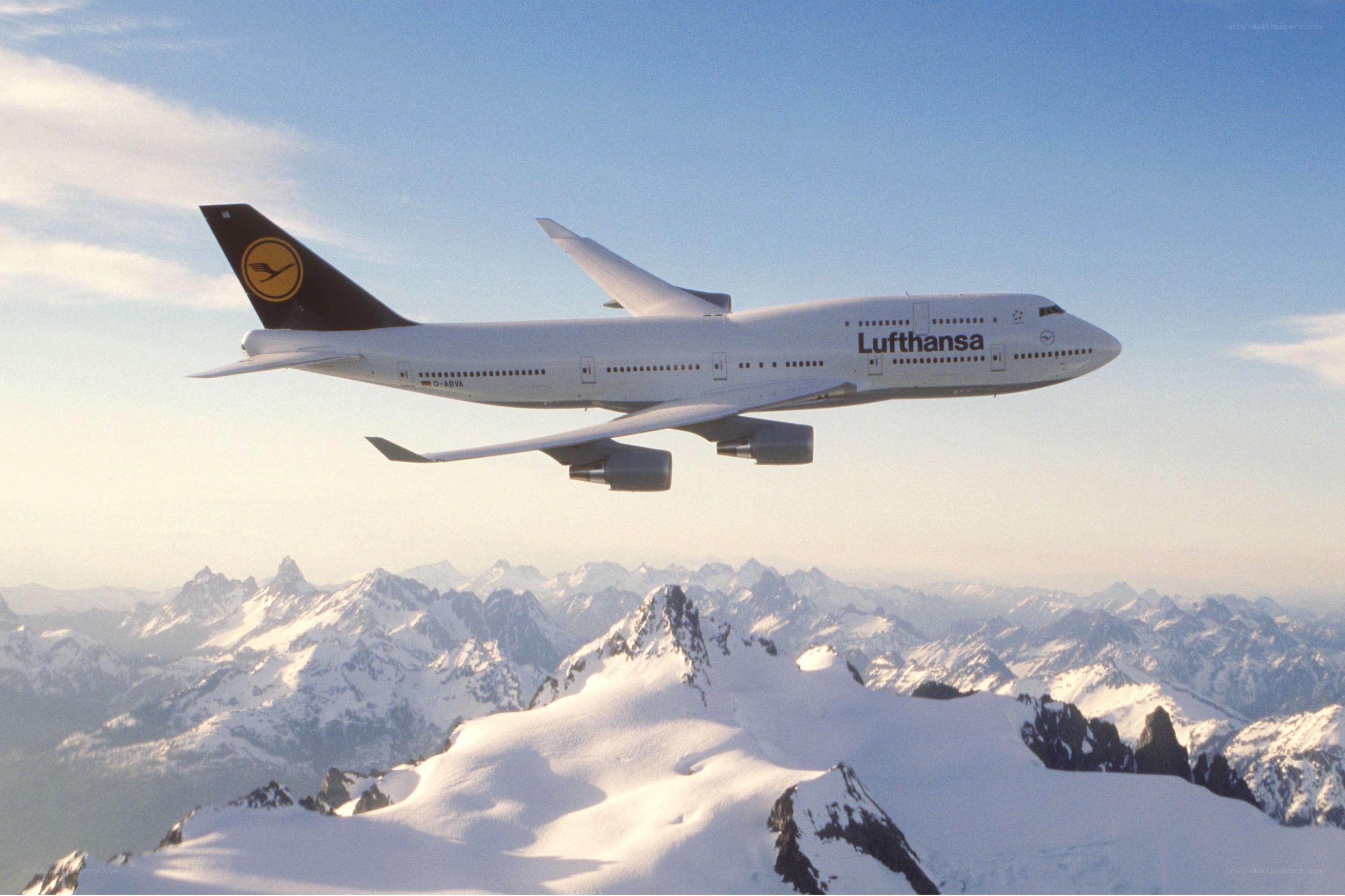 Lufthansa Boeing 747 over mountains