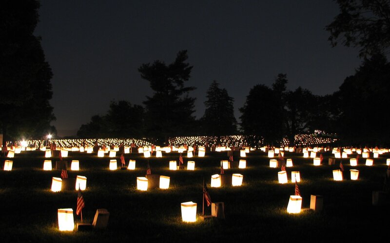 Luminous memorial at night