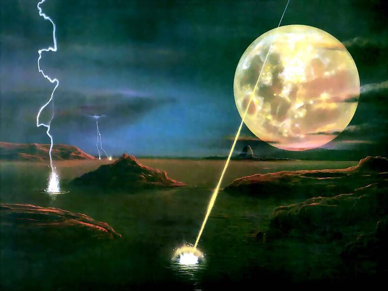 Lunar beam over alien landscape
