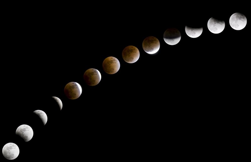 Lunar Eclipse Sequence — Black, Dramatic, Night, Photograph, Moon, Sky