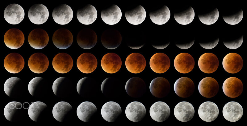 Lunar Eclipse Sequence — Black, Dramatic, Night, Photograph, Moon