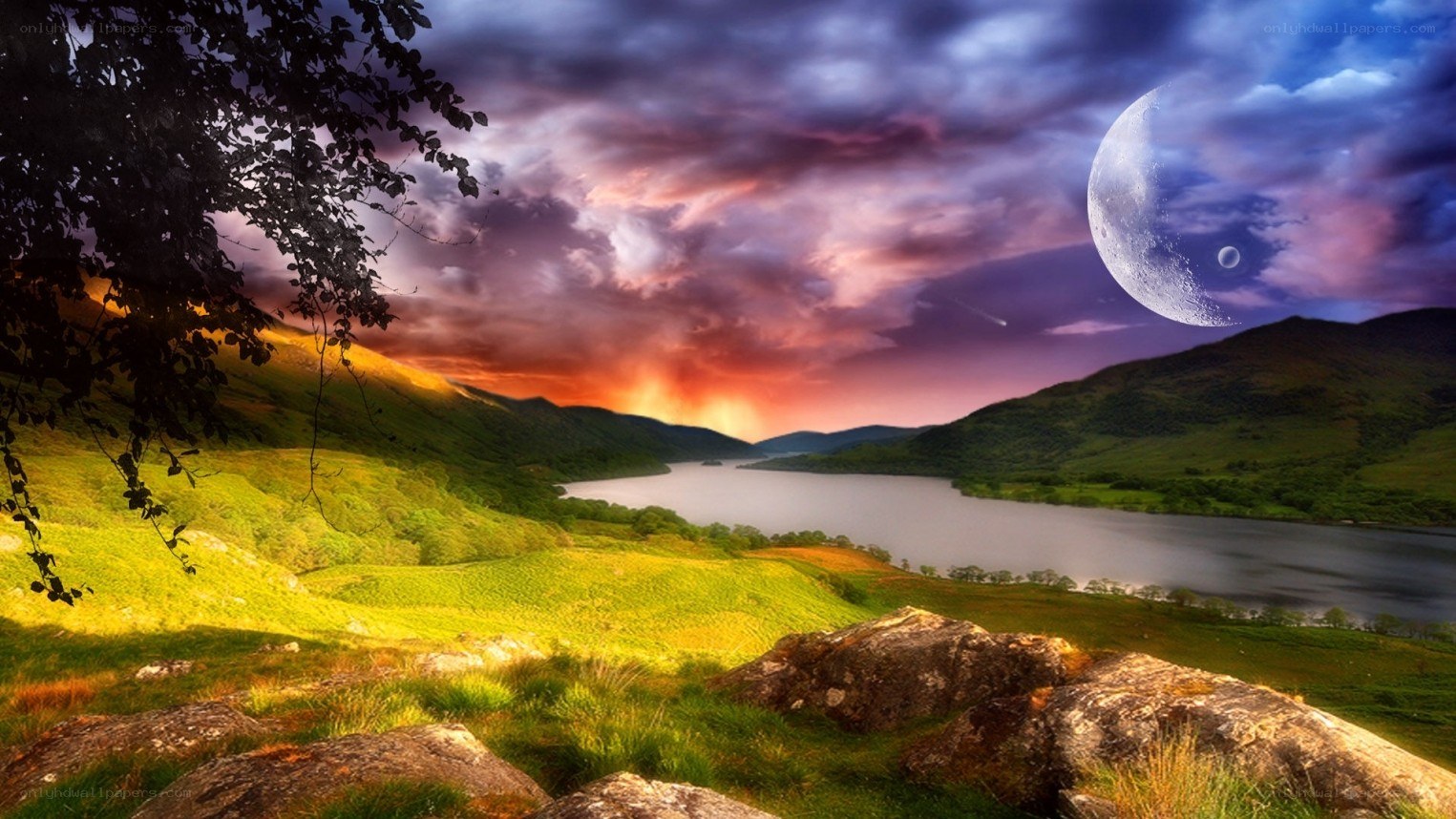 Lunar landscape at sunset