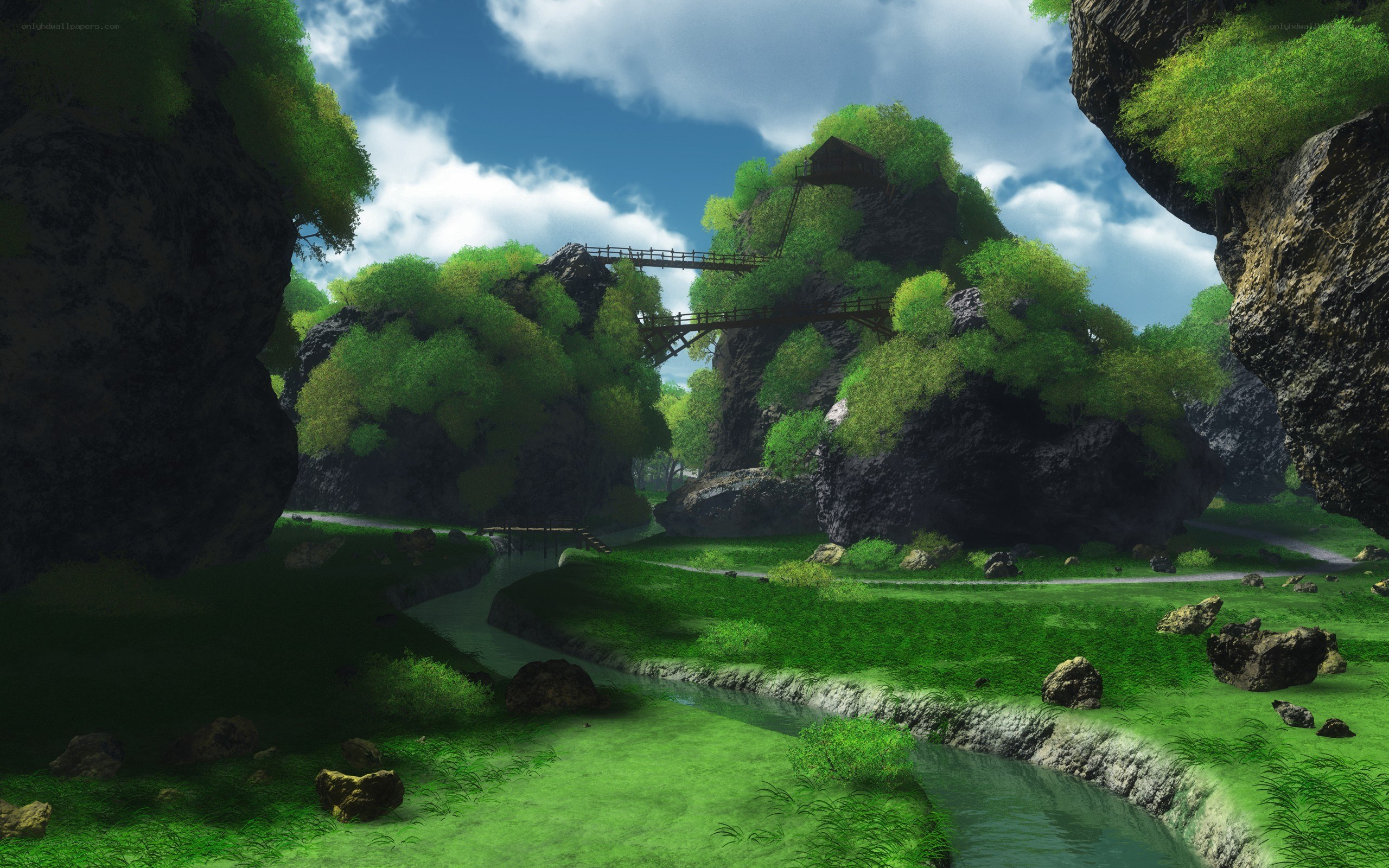 lush canyon with river and bridge