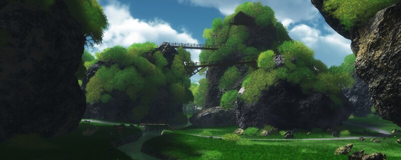 lush canyon with wooden bridges
