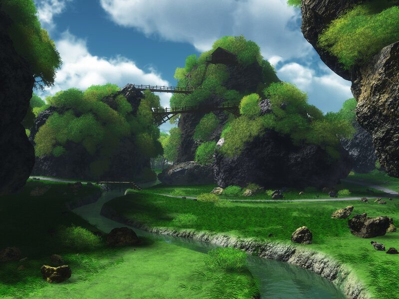 lush canyon with wooden bridges
