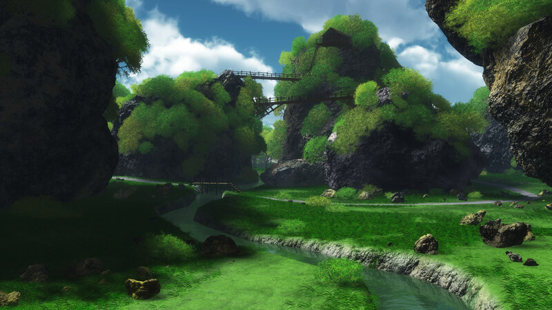 lush canyon with wooden bridges