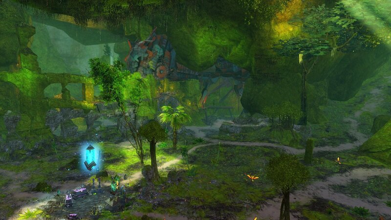lush cave with ancient ruins