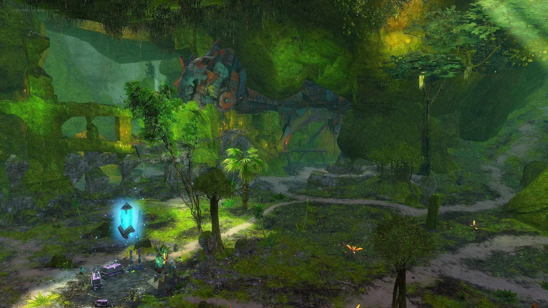 lush cave with ancient ruins