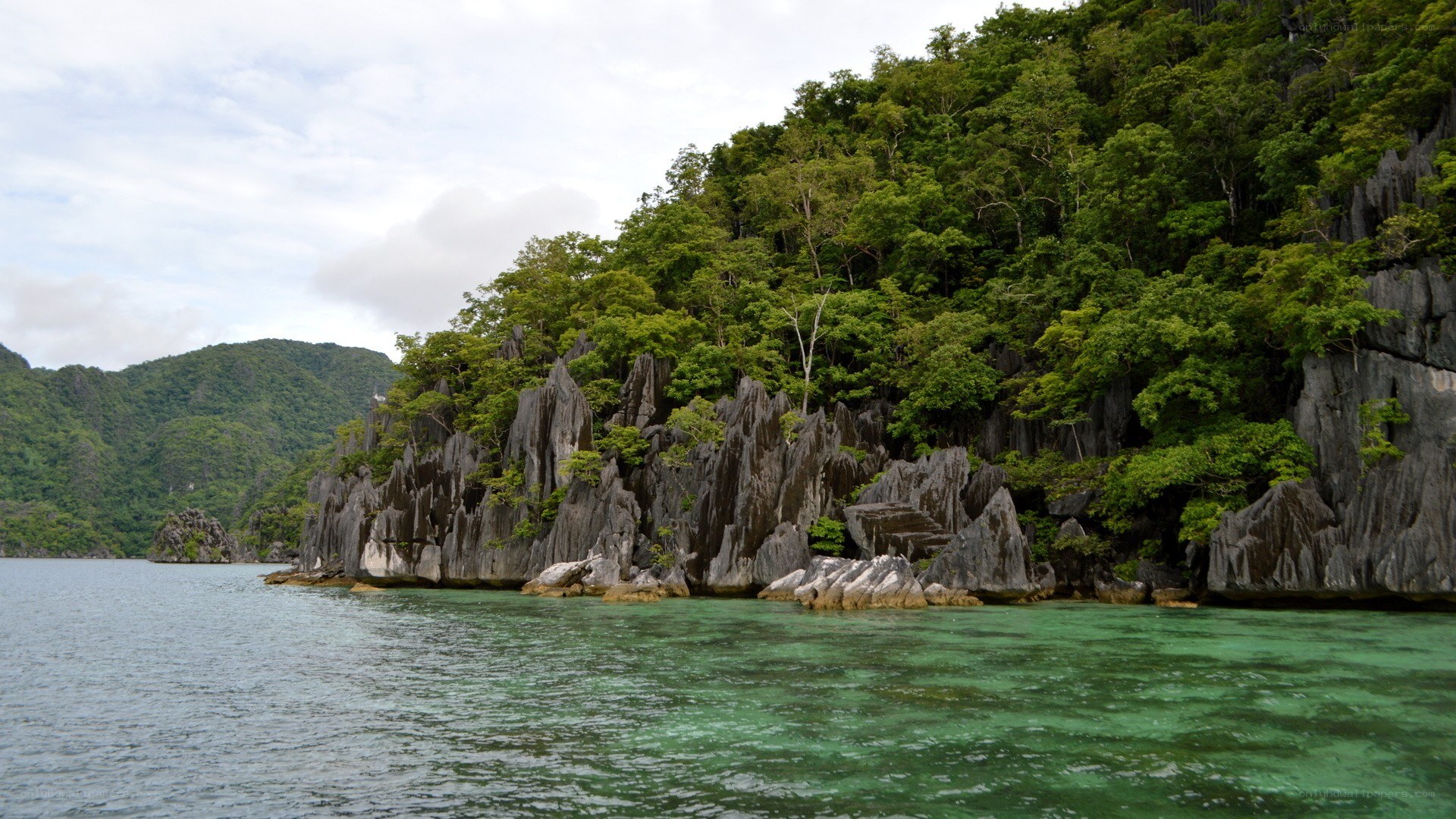 Lush cliffs by turquoise water
