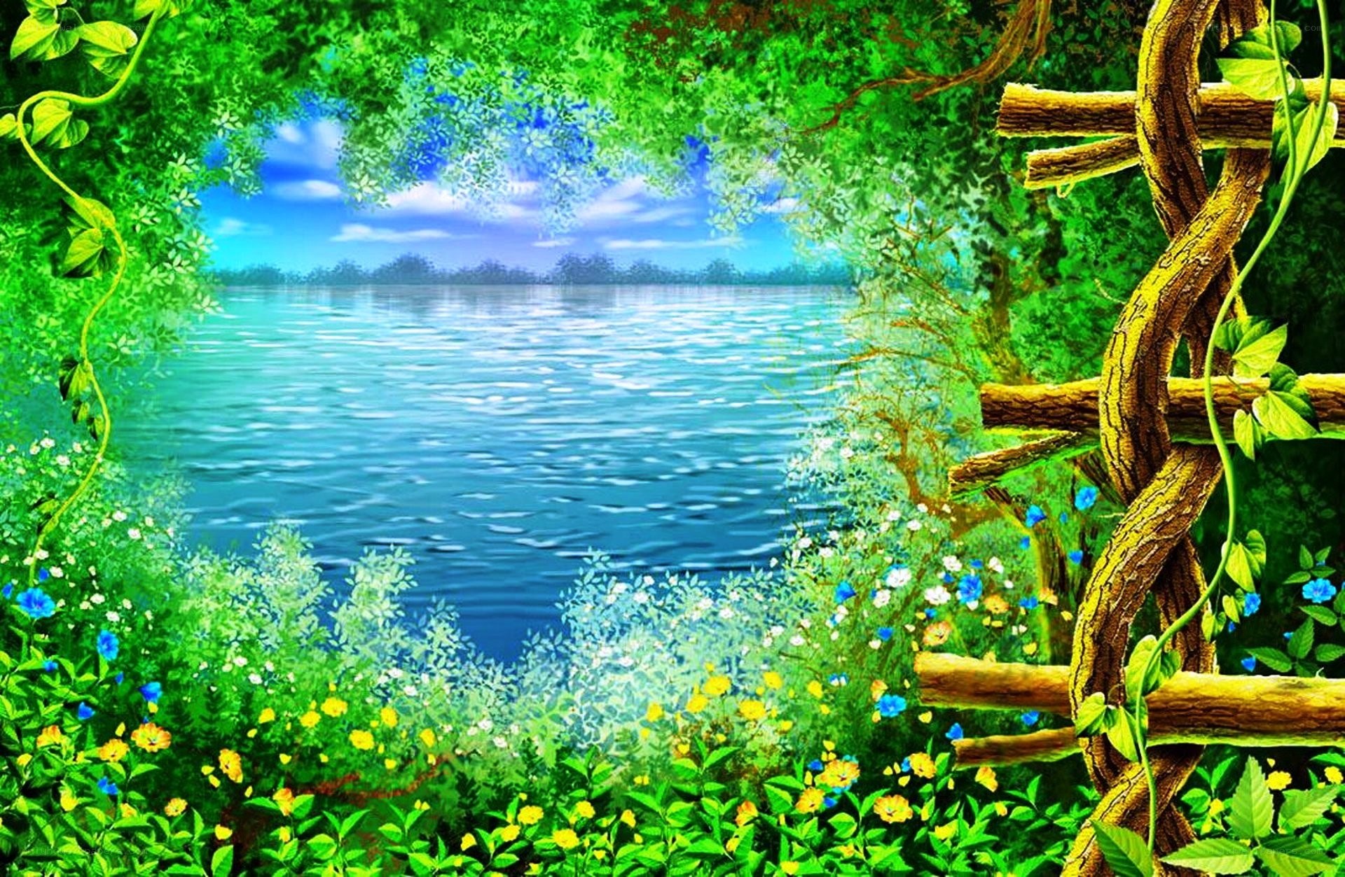 Lush garden by the lake