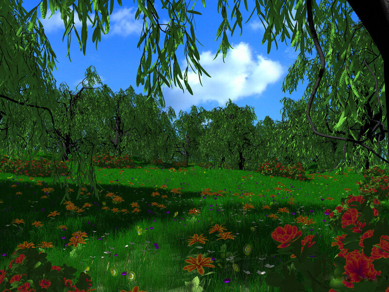 Lush garden with flowers and willow trees