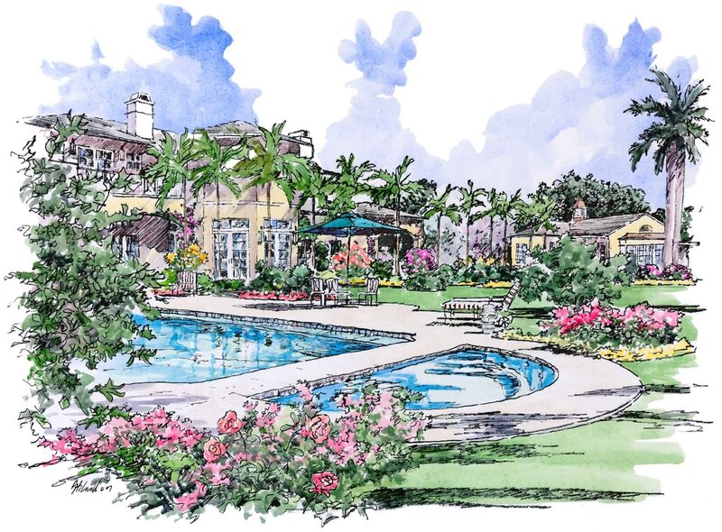 Lush garden with pool and house
