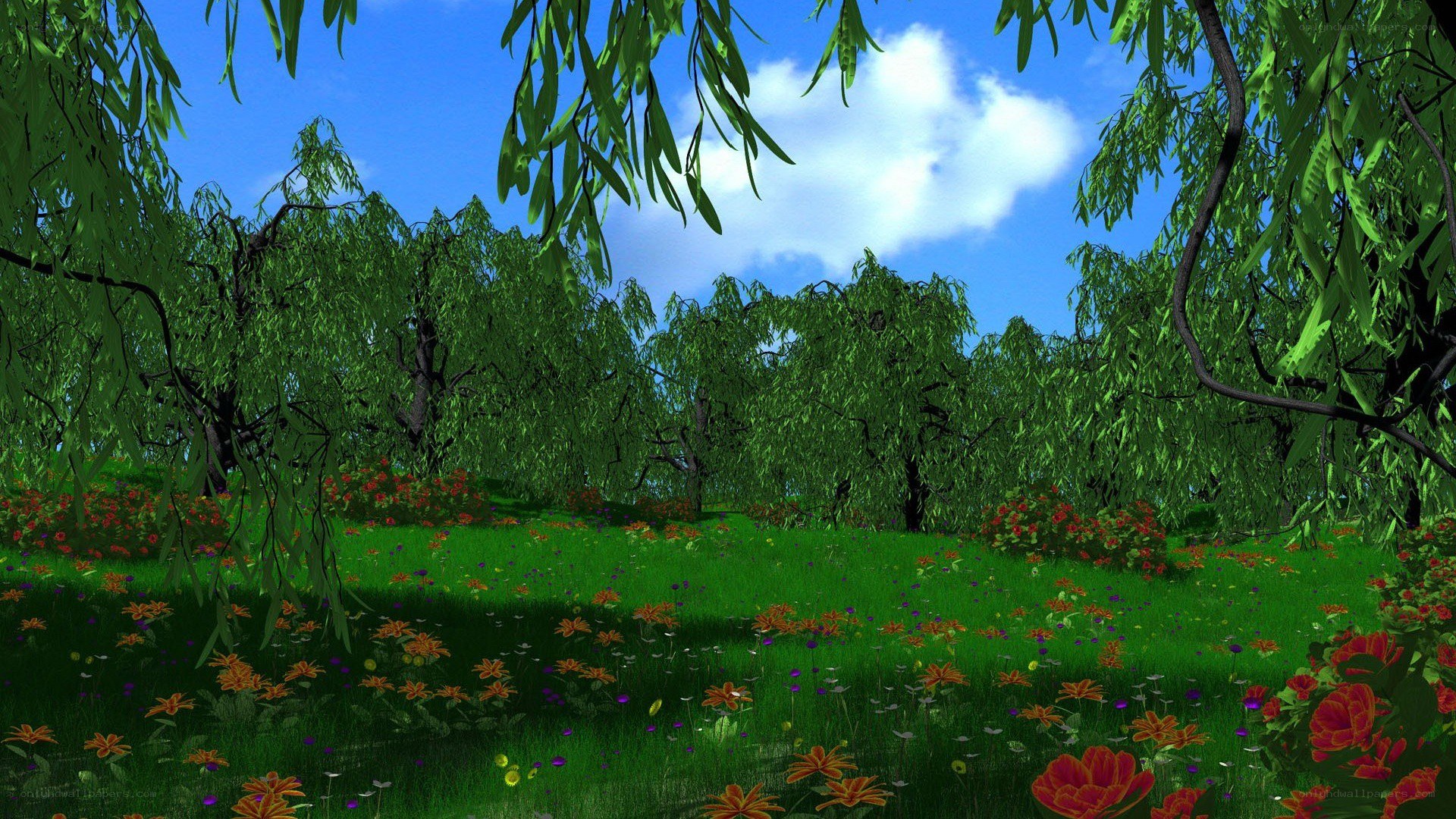 Lush garden with willow trees