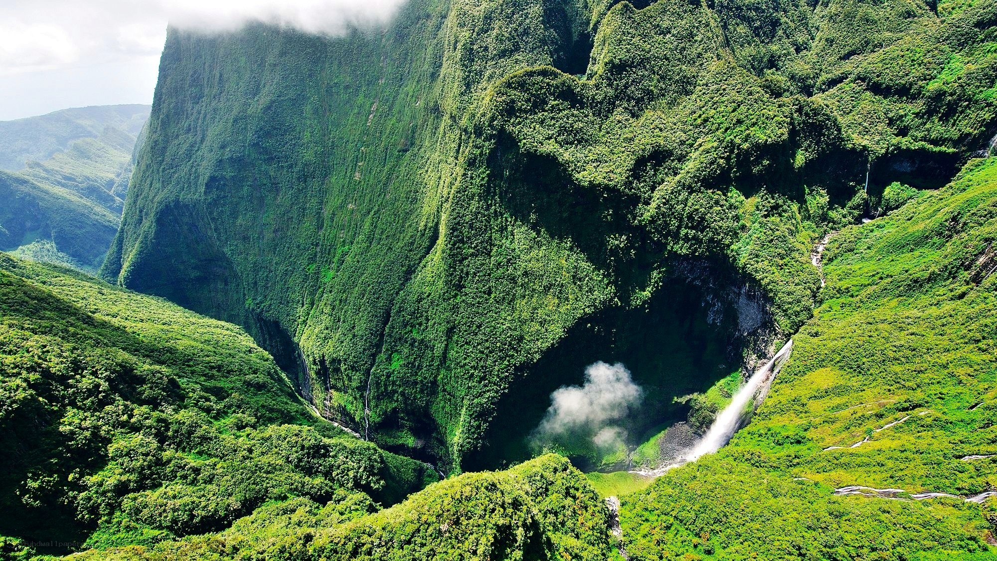 lush green canyon with waterfall