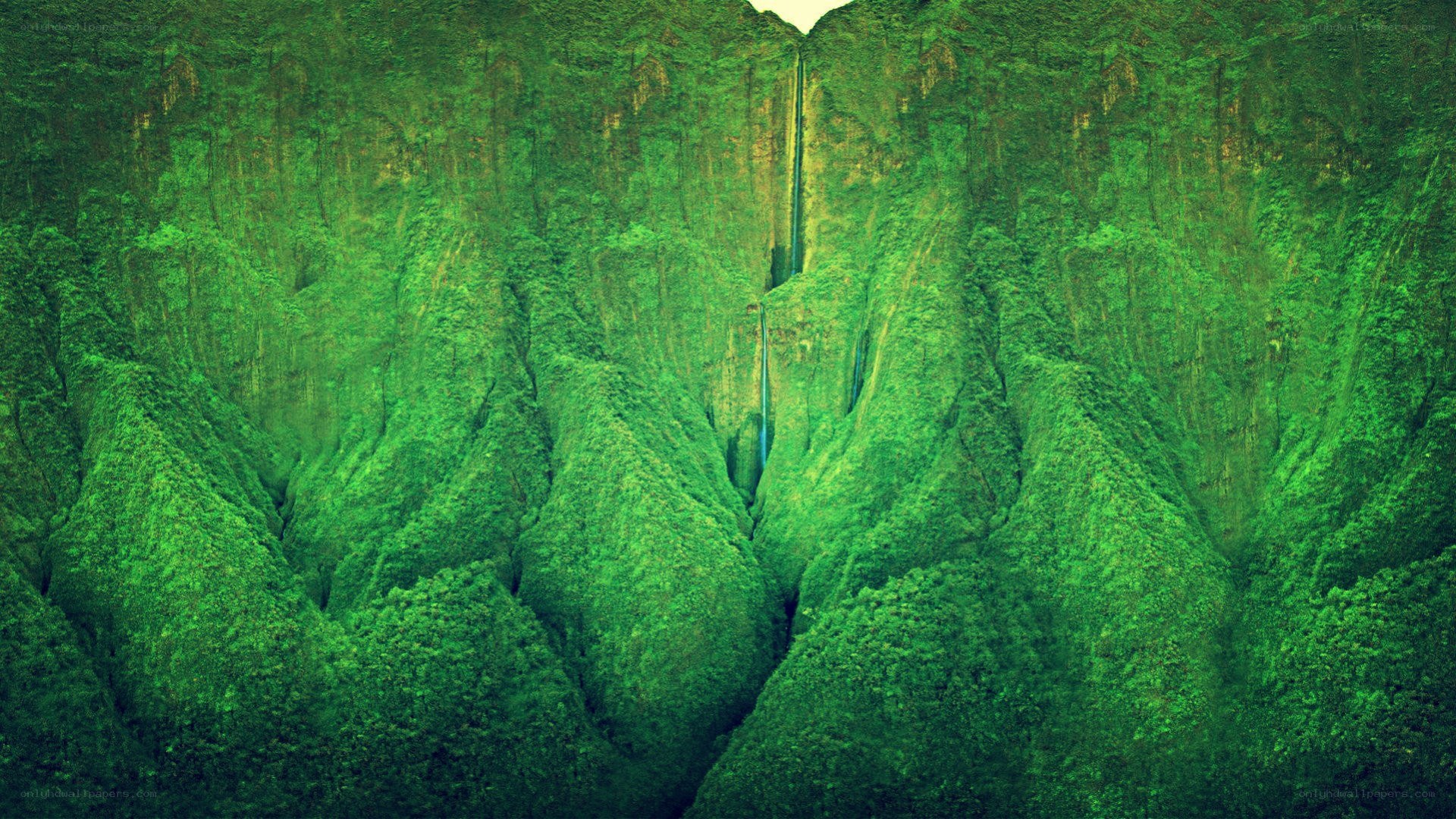 lush green canyon with waterfall