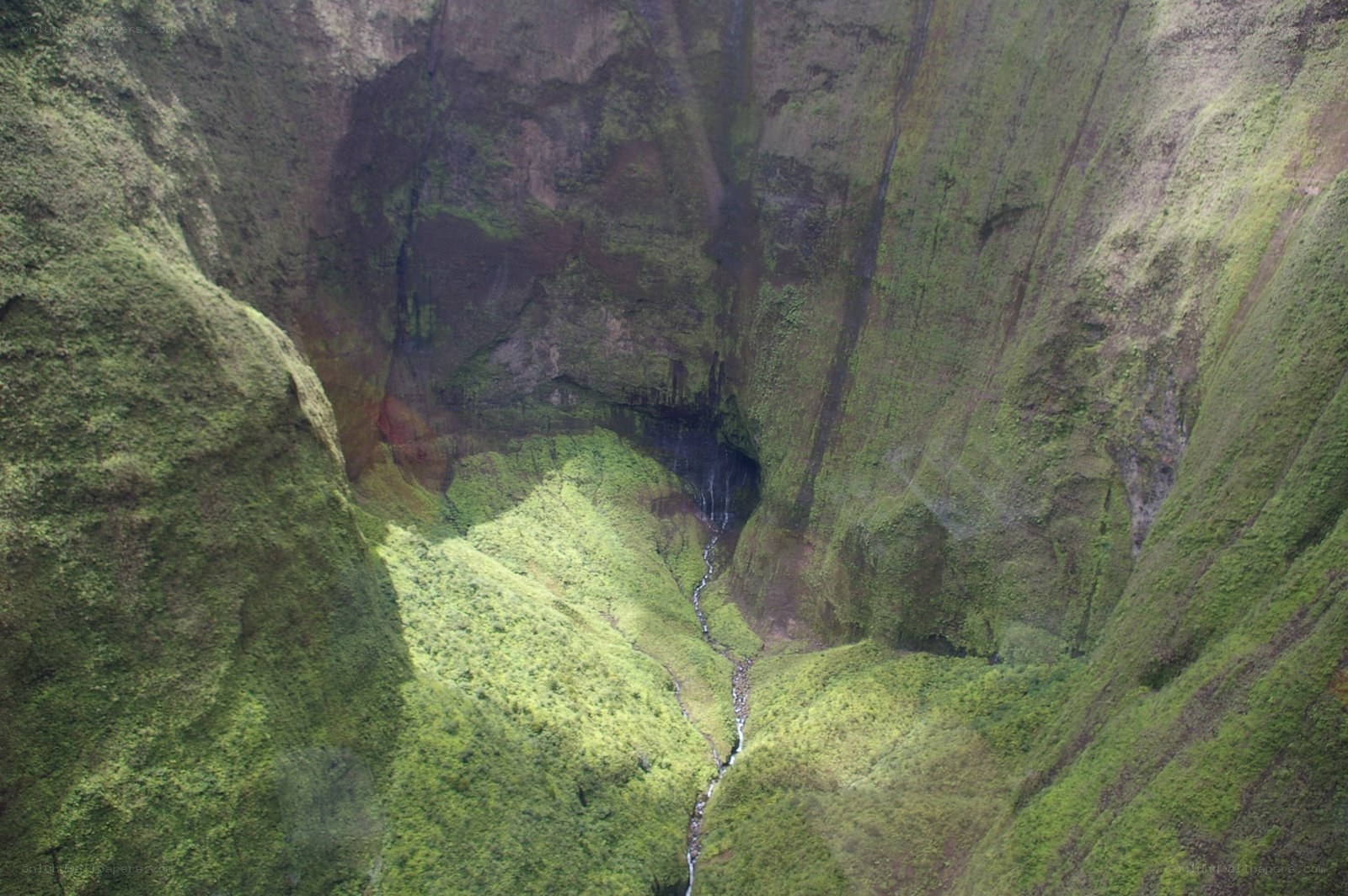 lush green canyon with waterfall